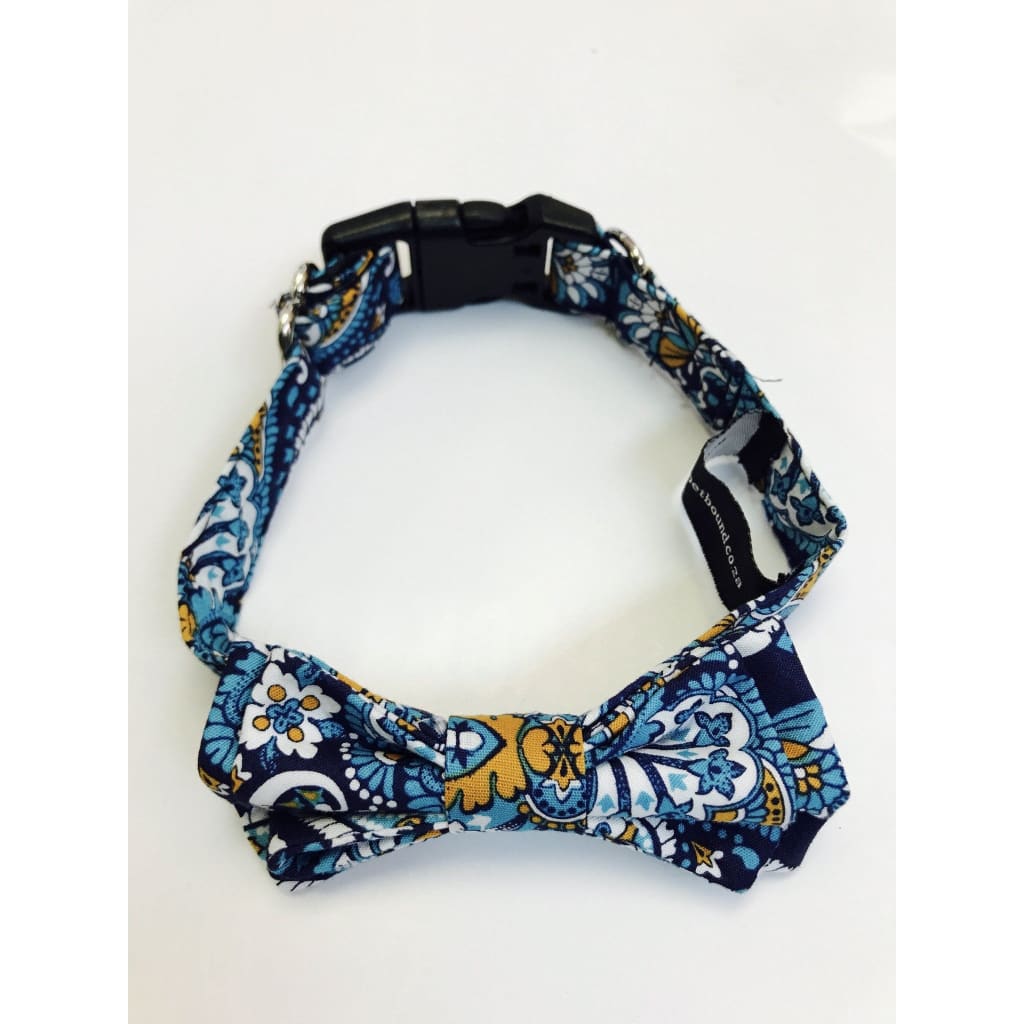 The Dapper Pet Designer Blue/Paisley Bow Tie Collar - Pet Bound Co.